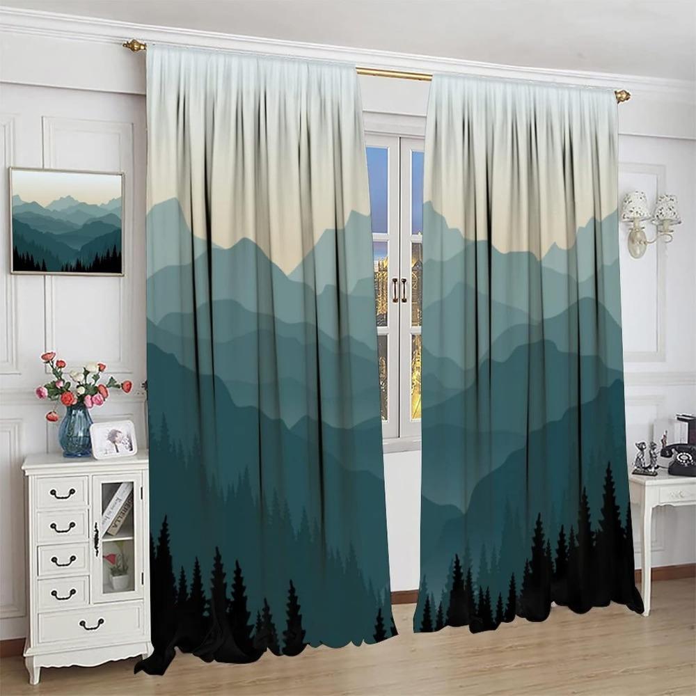 2pcs Peach Skin Velvet Curtains - Misty Forest Tree Foggy Mountain Blackout Curtain Panels with Rod Pocket Design for Window Tre