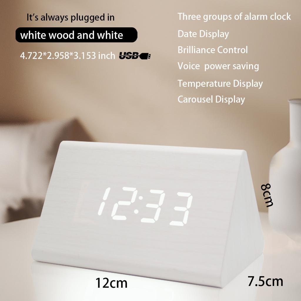 Multi-function LED Alarm Clock Digital Plug-in Clock, Bamboo Voice Control Clock, Adjustable Brightness, Alarm Time, Display Time Date Temperature