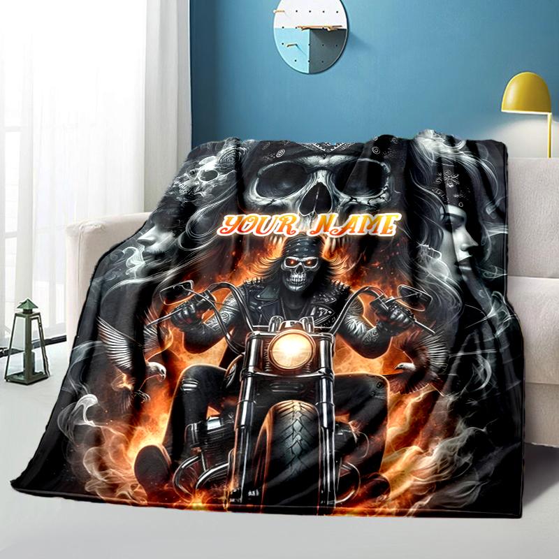 1PC Custom Name Skull Biker Flames outdooor Flannel blankets Throw Blanket All-Season Throw Gift Bedspread for Couch, Bed, Camping Holiday Birthday gi