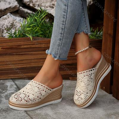 Модные Comemore Шлепанцы на танкетке с закрытым носком для женщин, летние, с полым верхом, дышащие, сандалии на платформе, женская легкая обувь на танкетке