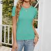 Женская мода на лето и весну, повседневные однотонные футболки и топы с круглым вырезом с короткими рукавами и принтом