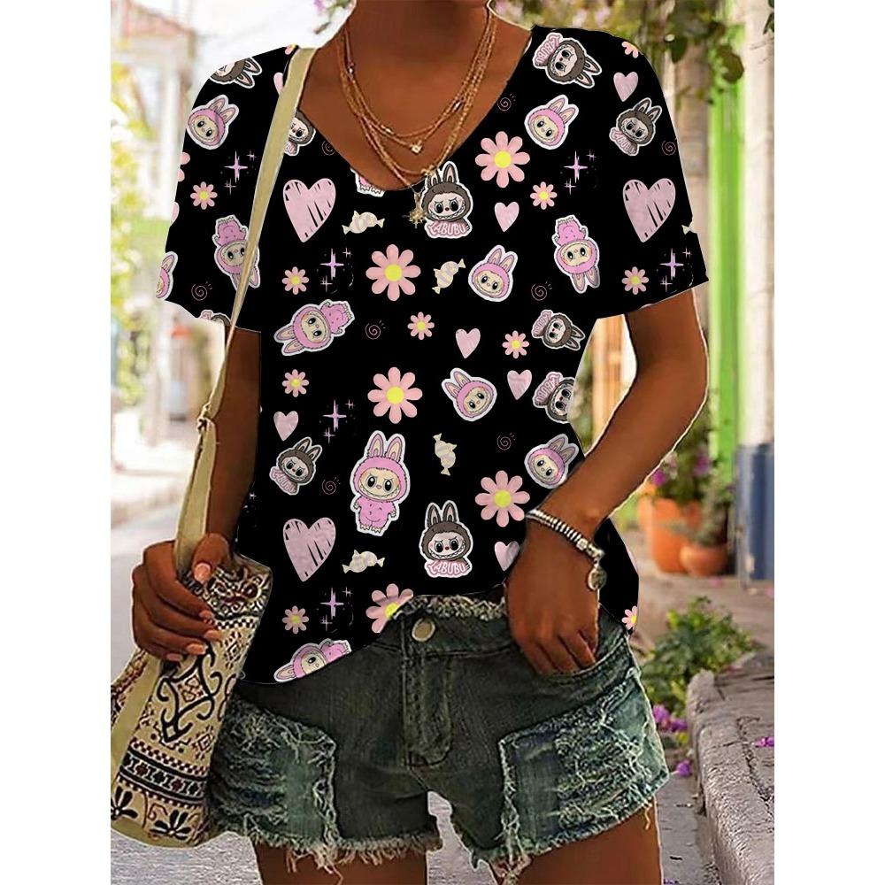 Женская хлопковая футболка с коротким рукавом Labubu, летний тренд 2025, с рукавом до локтя, в стиле Ins, универсальная уличная одежда