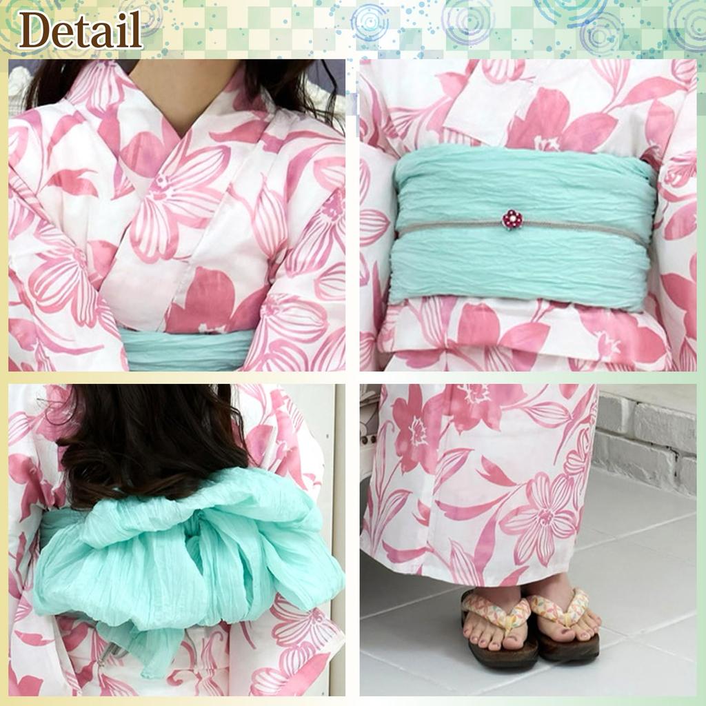 RAVIR Yukata Refreshing White Background with Watercolor and Soft Pink Floral Includes a Fluffy Obi Belt and One Size Fits All Women's 3-Piece Set