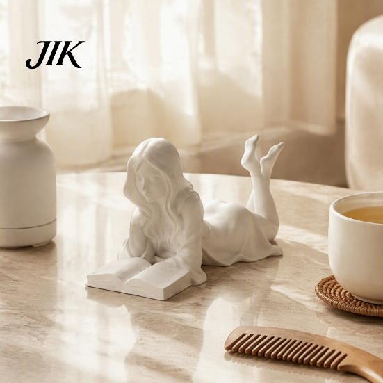 Small Statue for Bookshelves Reading Girl Figurine, 3D Printed Lying on Her Stomach Desktop Ornament Home Office Sculpture, Elegant Woman Desk