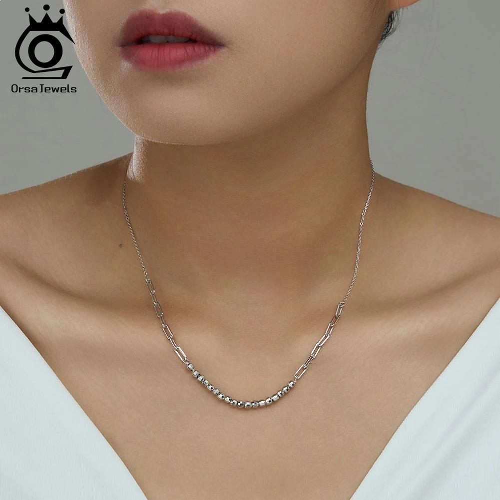 ORSA JEWELS Модный Сплайс Цепочка-Скрепка Шарики Бусины Ожерелье Шарм 925 Стерлинговое Серебро Женские Модные Украшения Подарок APN57