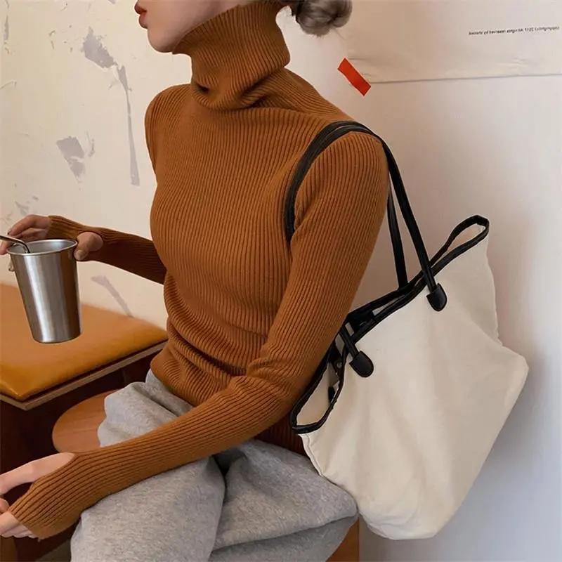 Свитера с высоким воротником, женские осенне-зимние пуловеры с высоким воротом, однотонный свитер с длинным рукавом размера плюс, тонкий вязаный джемпер, базовые топы, женская одежда