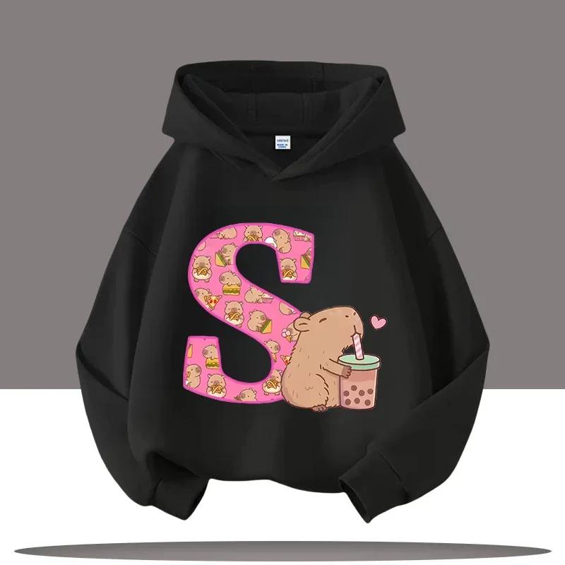 Capybara Hoodie Cute Kawaii Boba Tea Alphabet Letter Heart Pink Black Aesthetic Oversized Casual Sport Sweatshirts