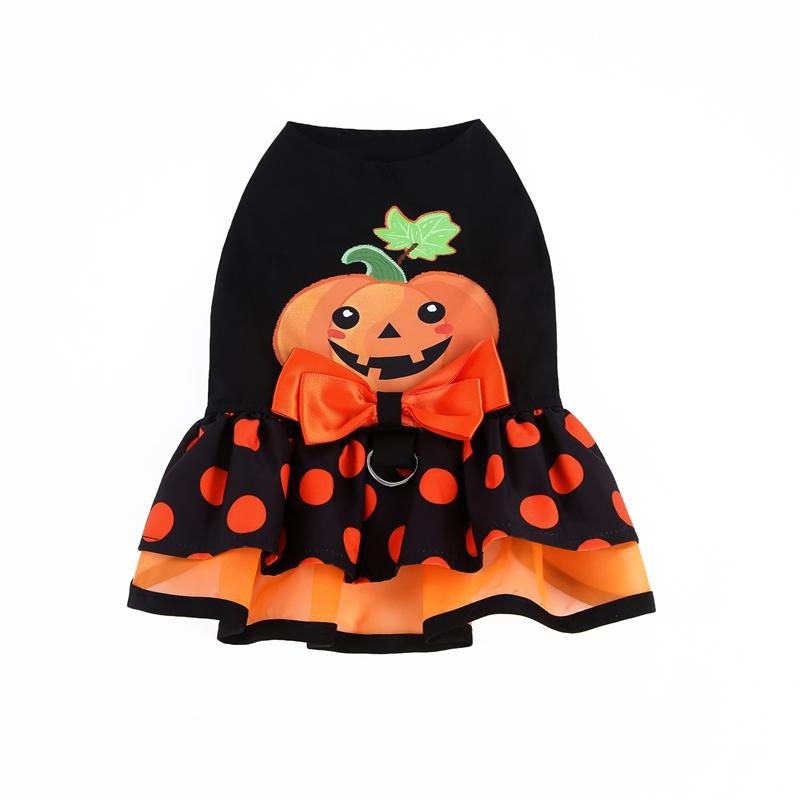 BXX Halloween Pumpkin Face Applique Dog Dress Polka‑Dot Ruffle Skirt Bow D‑Ring Design Party Outfit For Small Puppies