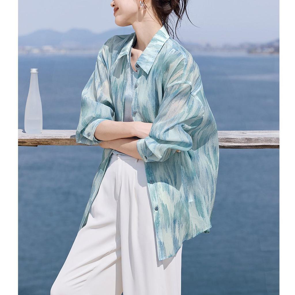 Summer New Style Printed Long Sleeve Shirt Loose Casual Sun Protection Top Women's Lightweight Fashionable Tunic