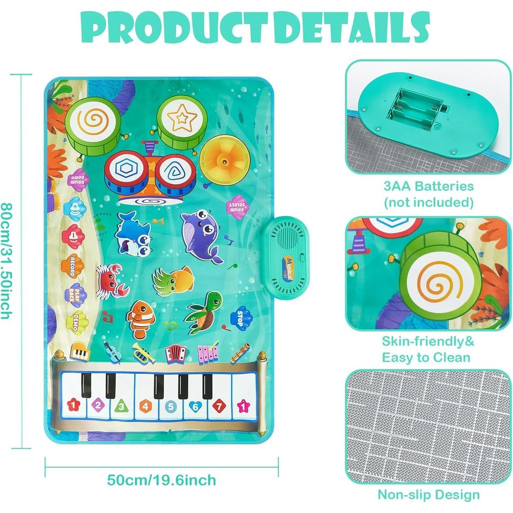 Baby Musical Play Mat,Early Educational 3 in 1 Floor Piano Drum Animal Touch 31.5"*19.6 " Play Blanket Sensory Musical Learning Toys,Baby Birthday