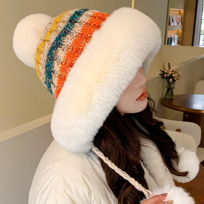 Women's Autumn and Winter Wool Knitted Hat Plush Thickened Warm Windproof Hat Cold Ear Protection Hat for Casual & Formal Outfits, Cold Weather Gear