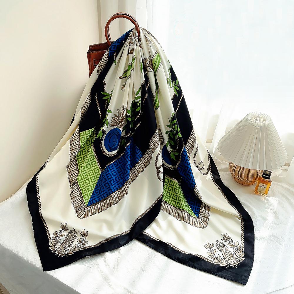 Silk Scarf Women Large Shawls Flower Print Stoles Square Bandana Luxury Kerchief Scarf Female Foulards 130CM