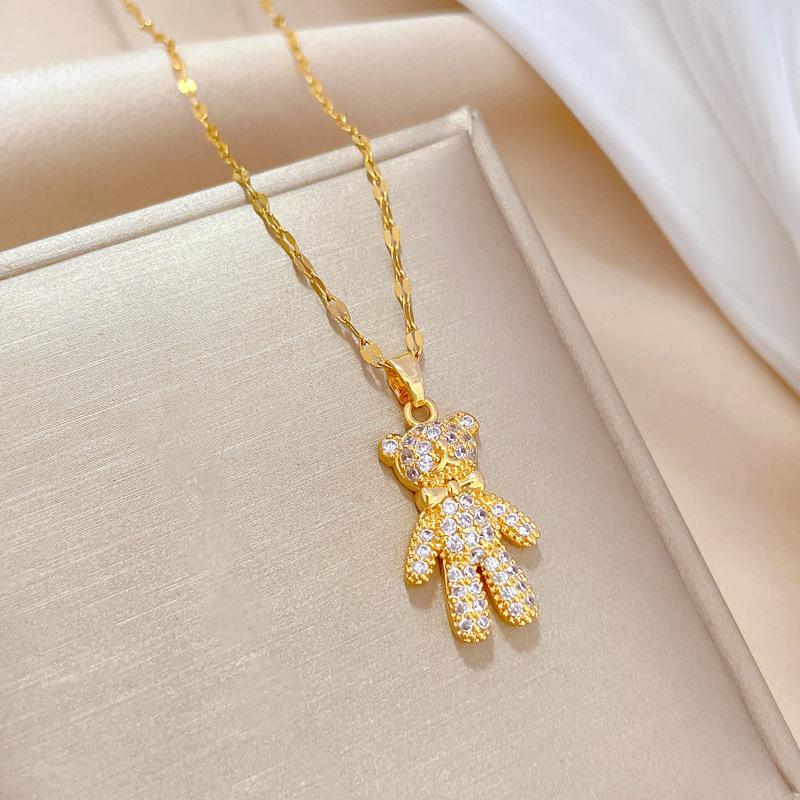 (Медь с микропокрытием) Сверкающее ожерелье в виде медведя со стразами, женская интернет-знаменитость, универсальные ювелирные изделия из титановой стали