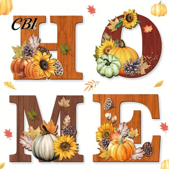 Flexible Letter Wall Decor 4PCS Wooden HOME Sign, with Wood Grain Texture Decor, Split Warm Autumn Atmosphere Design, Rustic Style Hanging for