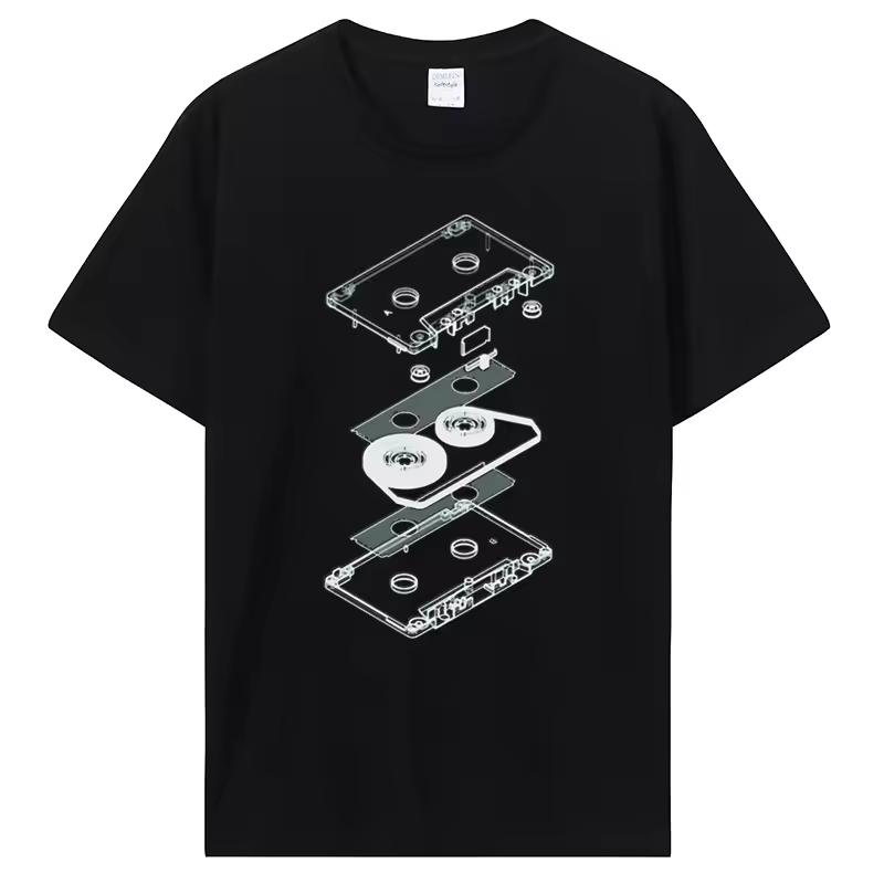 Fun T-shirt with Cassette Tape Design, Casual Wear, Retro Music Cassette Player, DJ, MC, CD Birthday Gift, Summer Style T-shirt