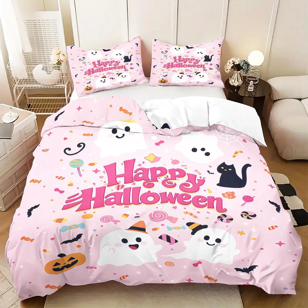 Pink Ghost Pattern Duvet Cover Set 3pcs Halloween 1 Duvet Cover+2 Pillowcases No Core. Soft and Comfortable Bedding Set