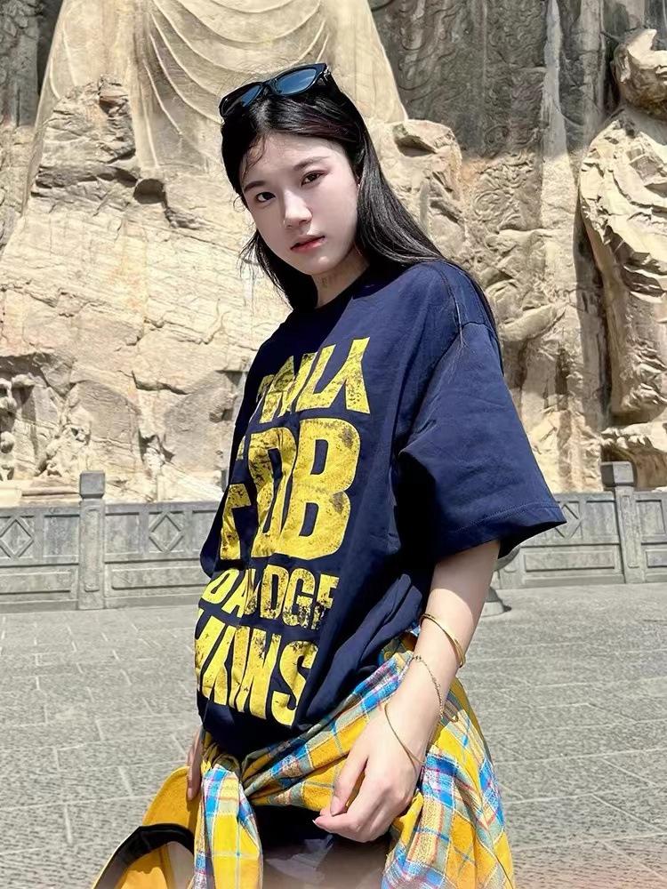 American retro cotton short-sleeved t-shirt women's summer letter printing round neck loose large size fat mm couple top tide