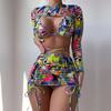 Swimsuit Women's Split Three Piece Set High Waist Drawstring Print Long Sleeve O Neck Lace Up Bikini Suits