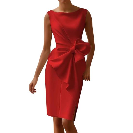 Женское приталенное платье без рукавов с драпировкой, бантом и разрезом сбоку, миди-платье, женское официальное коктейльное платье, платье для работы