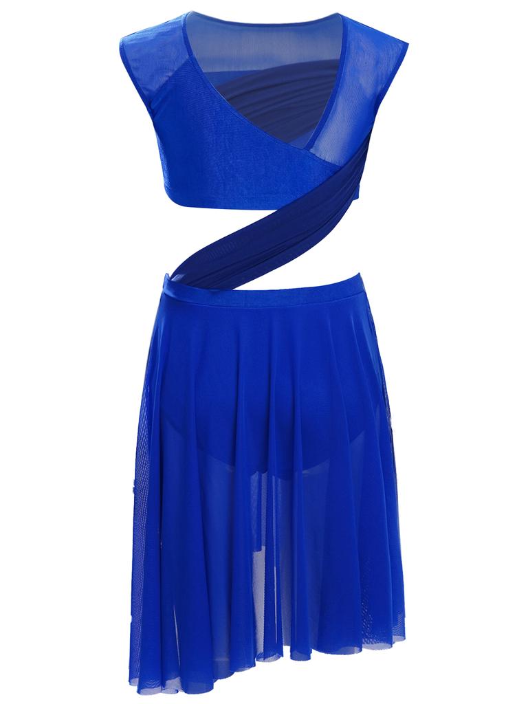 Платье для лирического танца для девочек, цельное, без рукавов, с прозрачной сетчатой вставкой, лоскутное, с асимметричным подолом, костюм для выступления