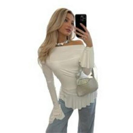 2025 Осень Футболка с открытыми плечами, оборками и длинными рукавами, приталенная