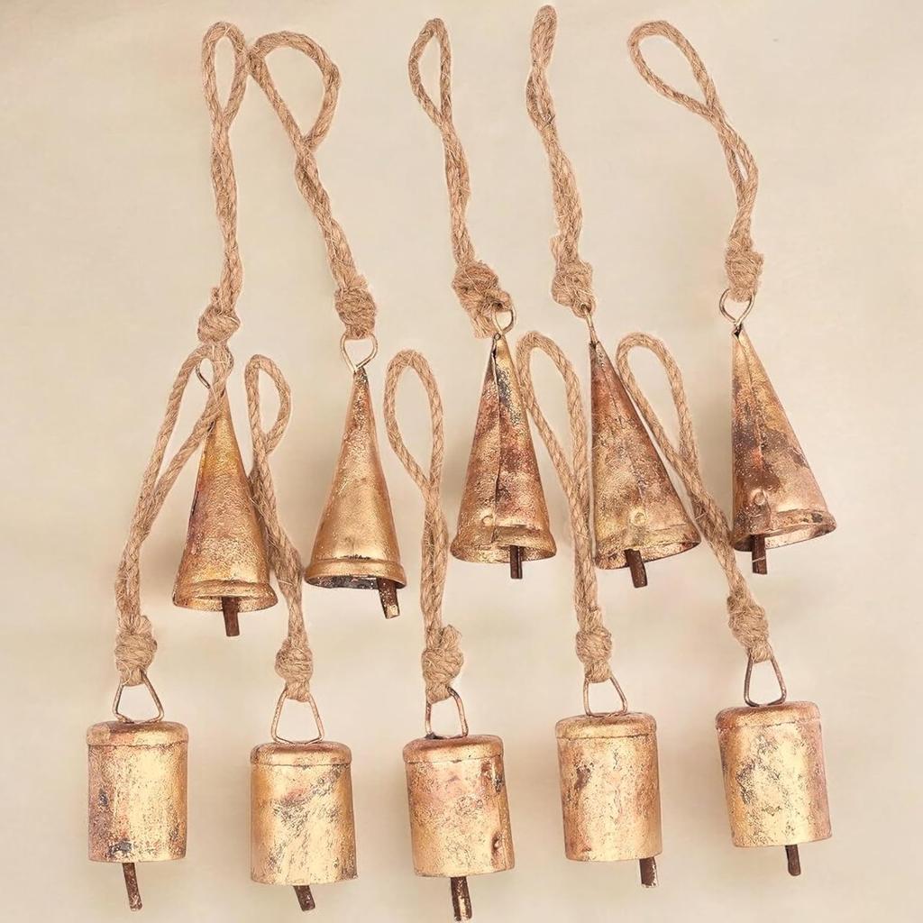 10-Piece Rustic Gold Metal Bell with Rope for DIY Crafts, Vintage Christmas Ornaments and Handmade Wind Chimes, 3.15 Inch Farmhouse Decor