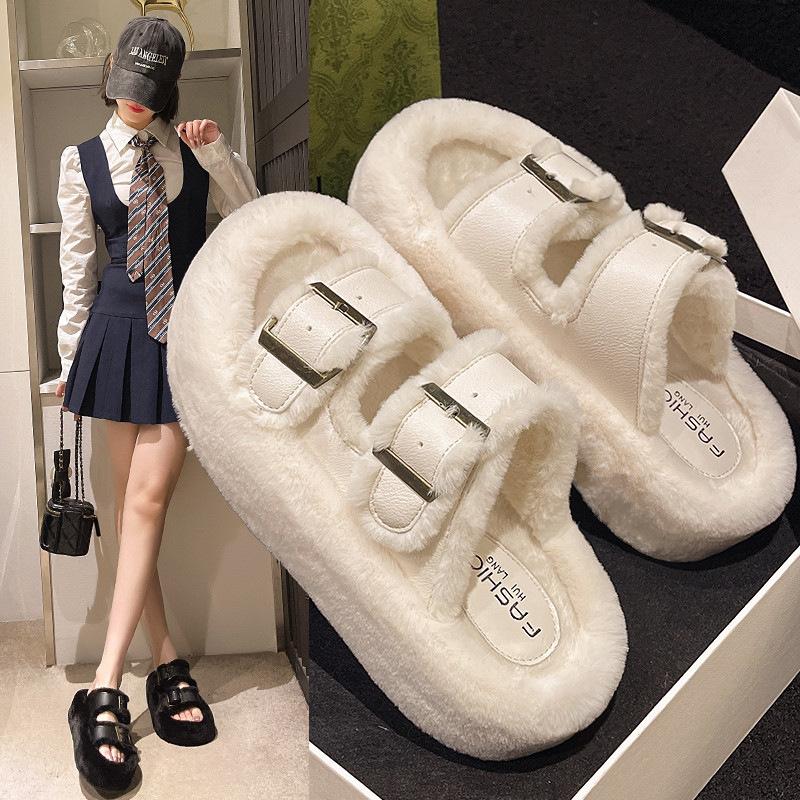 Толстые пушистые тапочки с эффектом возвышения подошвы для женщин, большие размеры, новые осенне-зимние тапочки с пряжкой для ремня, для офиса и дома, хлопковая швабра