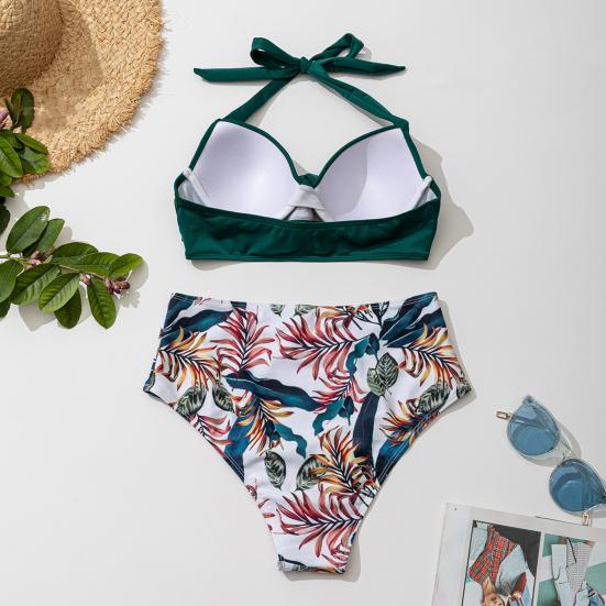 2Pcs/Set Women Sexy Bikini Set Halter Solid Color Bra Leaf Print High