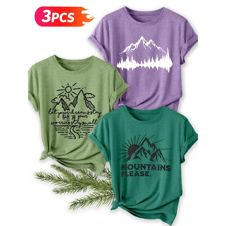 Three-piece set Mountain scenery text print pattern short-sleeve vintage round neck T Fresh and natural style loose-fitting shirt 2026 Elegant spring