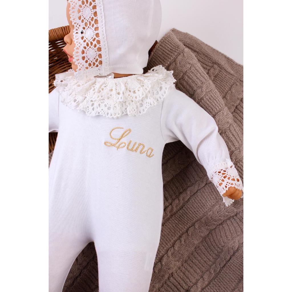 Named Hospital Issue Laced Jumpsuit Set Ecru Name Custom Lace Jumpsuit Set Bonet Hat