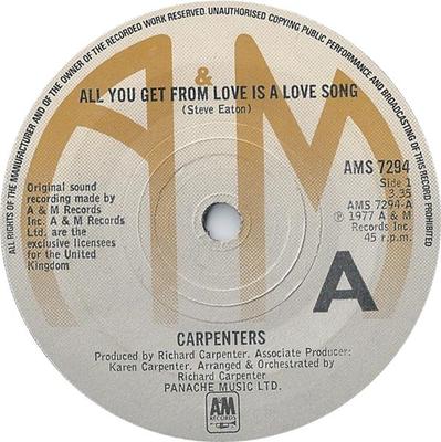 7-дюймовая пластинка CARPENTERS - All You Get From Love Is A Love Son AMS7294 A&M Records 1977 UK Поп Б/у