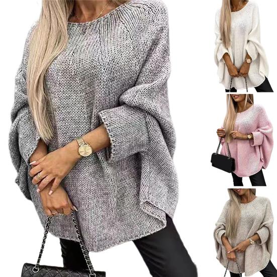 Women Sweater O-Neck 3/4 Sleeve Cloak Style Pullover Tops Solid Color Loose Fit Elastic Breathable Knitting Tops