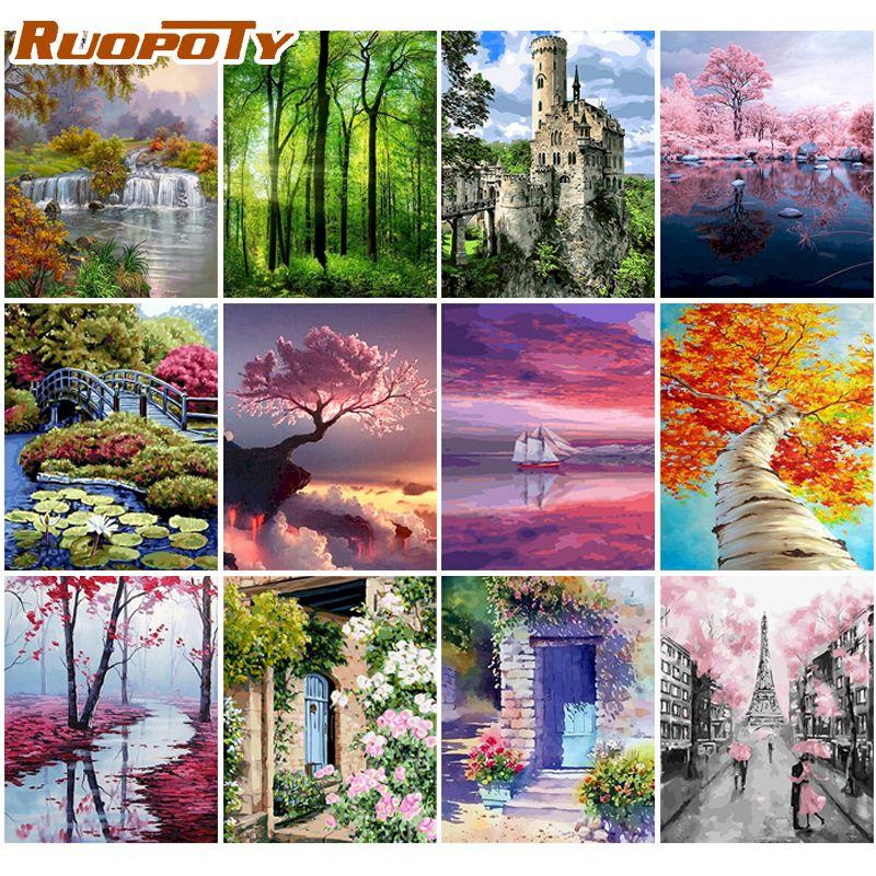 RUOPOTY Розовый пейзаж DIY картина по номерам акриловая краска по номерам пейзаж настенная живопись на холсте для хобби искусство 40x50 см