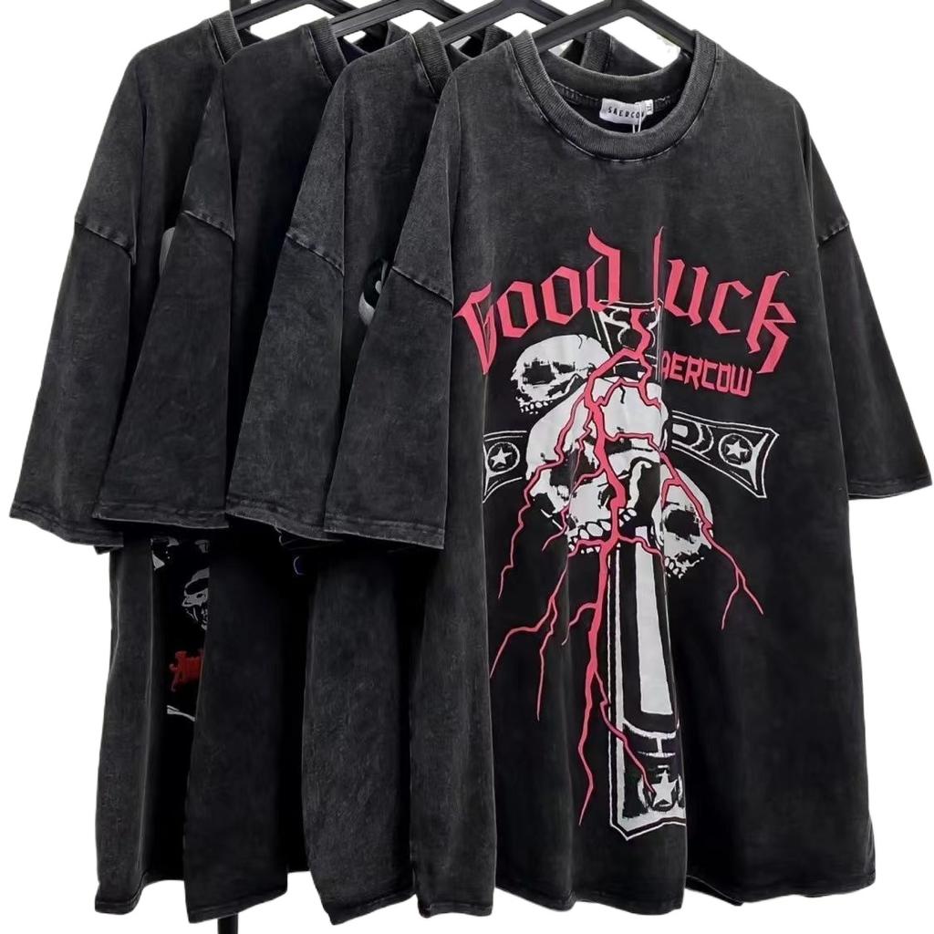 Y2K Vintage Gothic Skull Graphic Print Футболка женская свободного покроя из чистого хлопка с коротким рукавом, уличная женская укороченная футболка