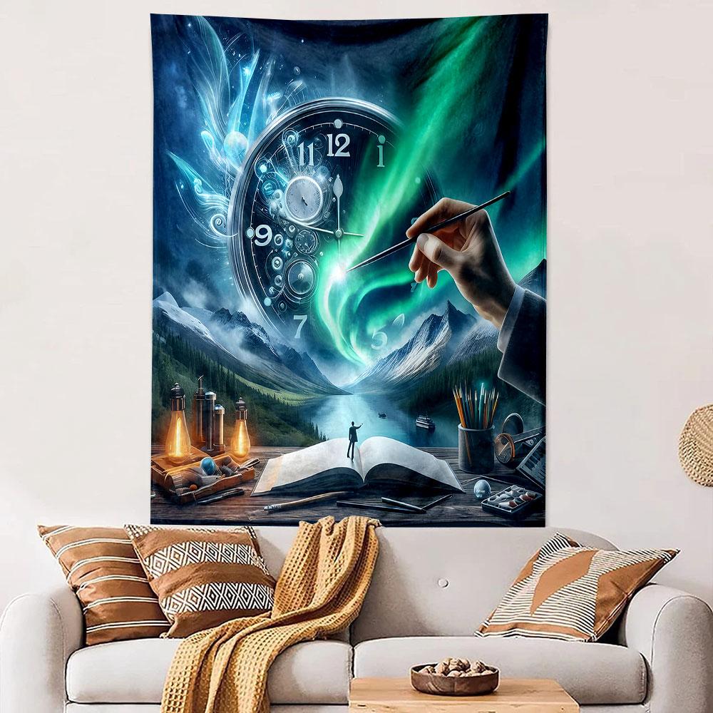 "Surreal Landscape with Clock and Aurora" Patterned tapestry home decor, suitable for bedroom and living room, gift
