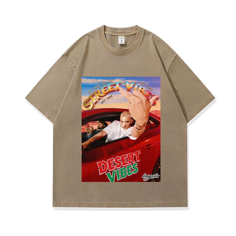 American Trendy Men'S T-Shirt Street Retro Digital Direct Injection Printing Washed Old Short-Sleeved Top