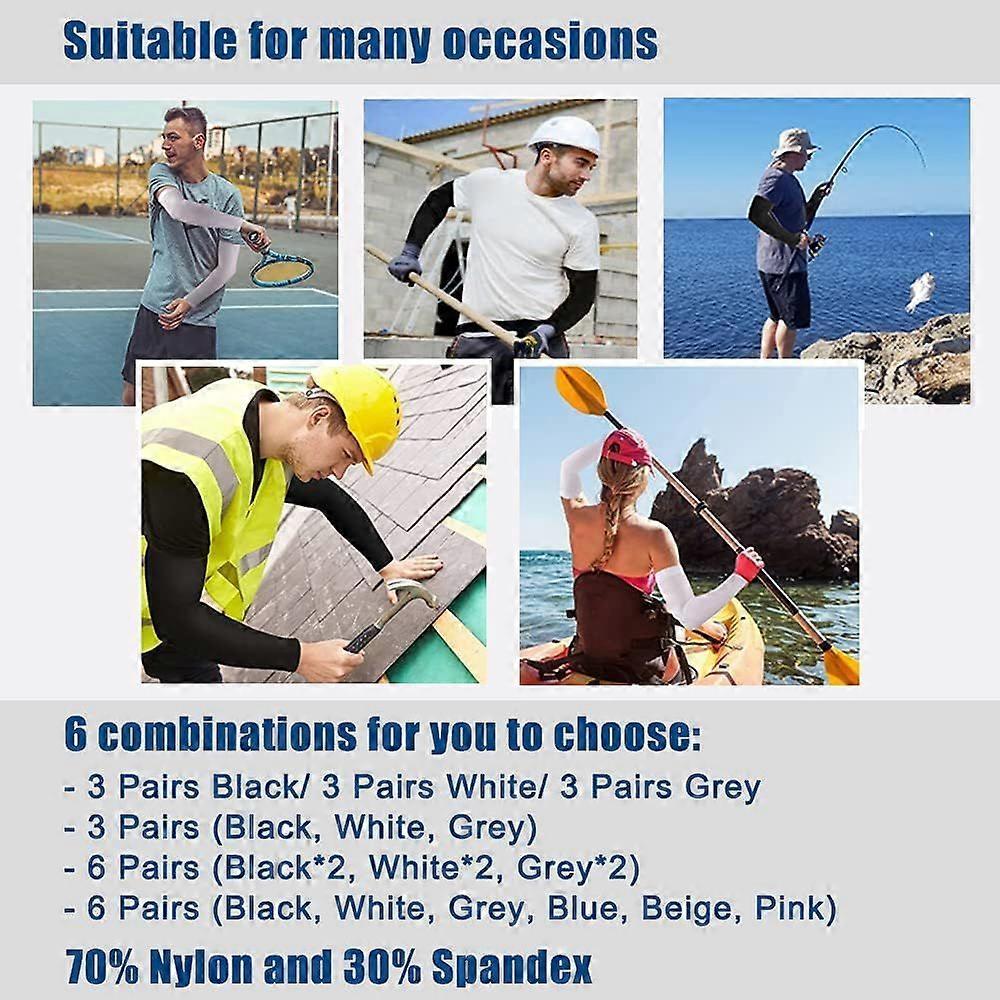 3/6 pairs of UV protection cool arm sleeves for women and men, UPF 50 arm sleeves 6 pairs black + gray + white + beige + blue + pink
