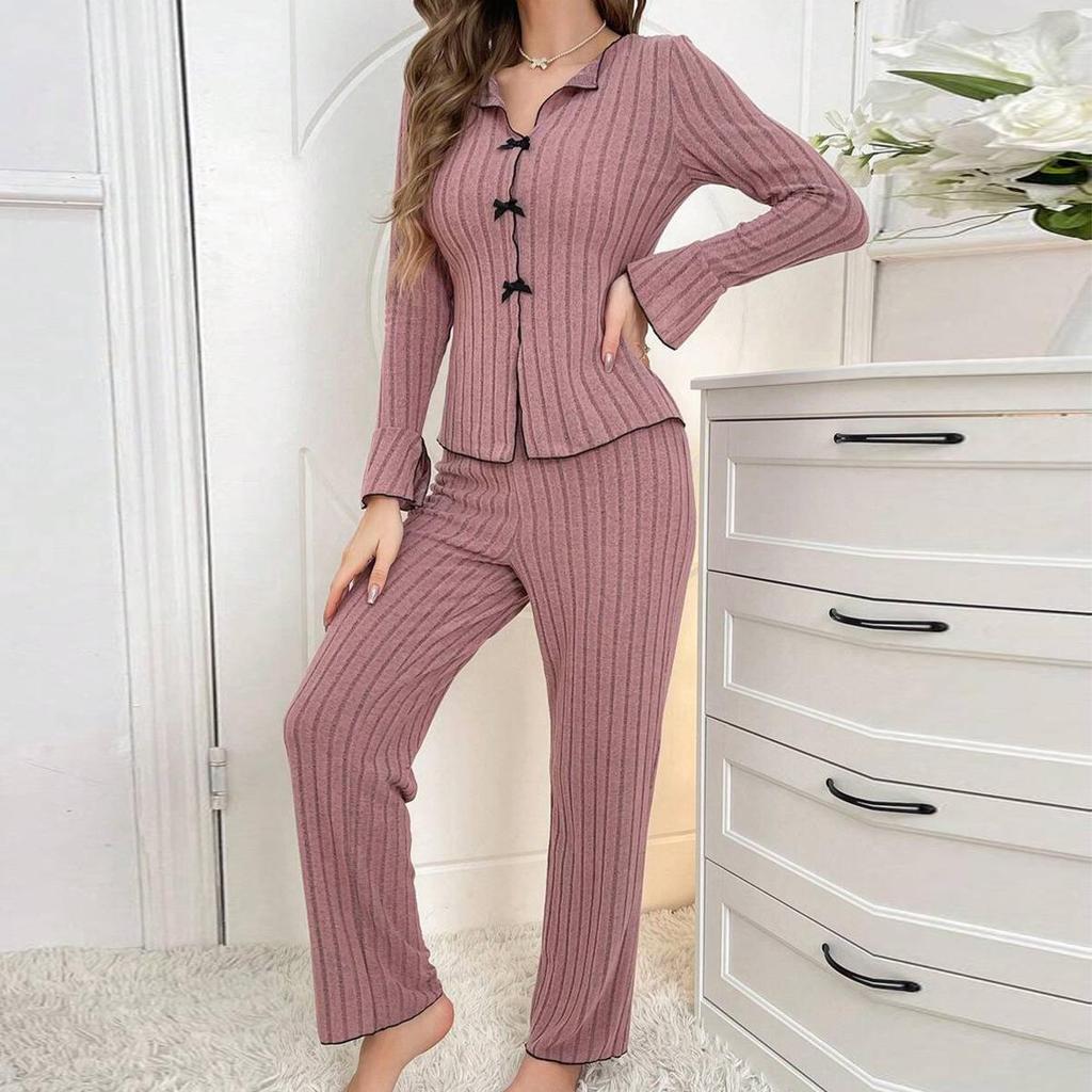 European & American Women's Casual Long-Sleeve Pajama Set with Bow