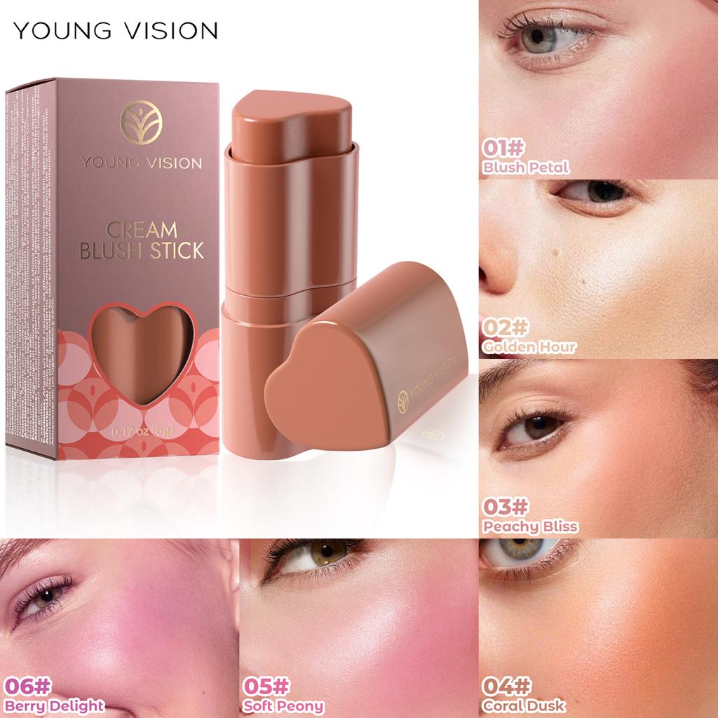 YOUNG VISION 1PCS Heart Blush Cream Contouring Stick Face Modifier Mousse Blush Lipstick 2-in-1