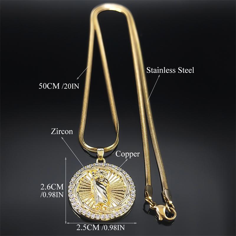 San Judas Tadeo Pendant Necklace for Women Men Saint Jude Thaddeus Stainless Steel Copper Shiny Zircon Religious Jewelry Gifts