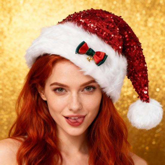 Блестящая шапка Санты с пайетками, Рождественская шапка с бантом, Пушистый помпон, Унисекс, Пушистая рождественская шапка для Рождества, Нового года, праздничных вечеринок