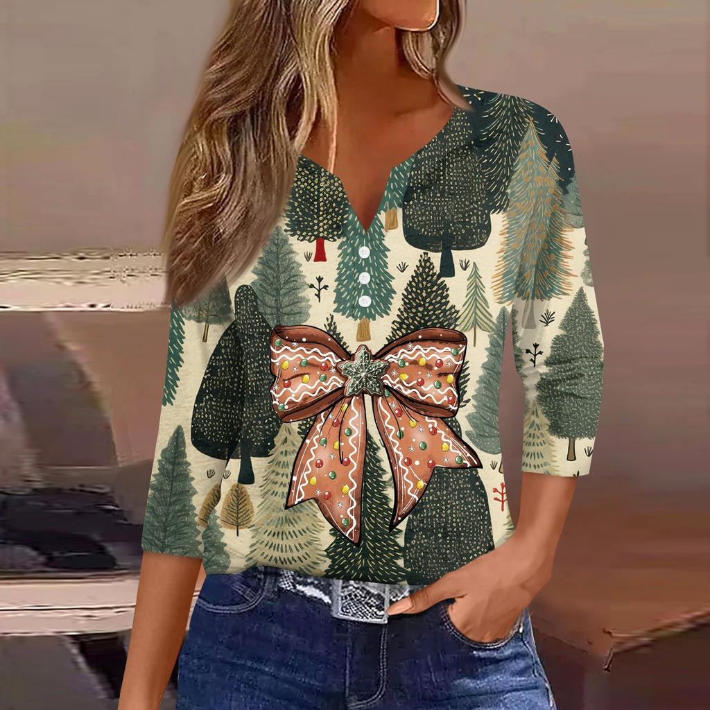 Женская рубашка с рукавом семь дюймов, напечатанная в стиле ретро, повседневная, свободная, с V-образным вырезом, рождественская