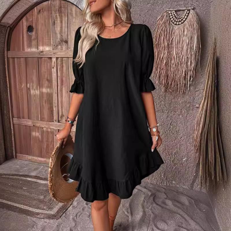 Solid Color Half Sleeve Dress, Casual Crew Neck Dress For Spring, Women's Clothing