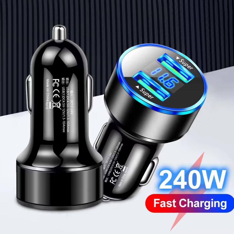 Автомобильное зарядное устройство 240 Вт с двумя портами USB, сверхбыстрая зарядка 120 Вт с цифровым дисплеем, адаптер для быстрой зарядки для iPhone, Samsung, Xiaomi
