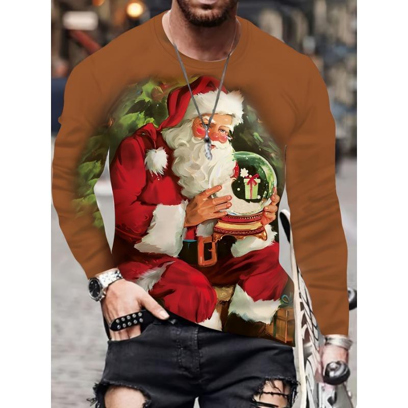 Мужская длинная рубашка с принтом Санта-Клауса 3D для рождественской вечеринки, повседневная мужская мода с круглым вырезом и длинным рукавом