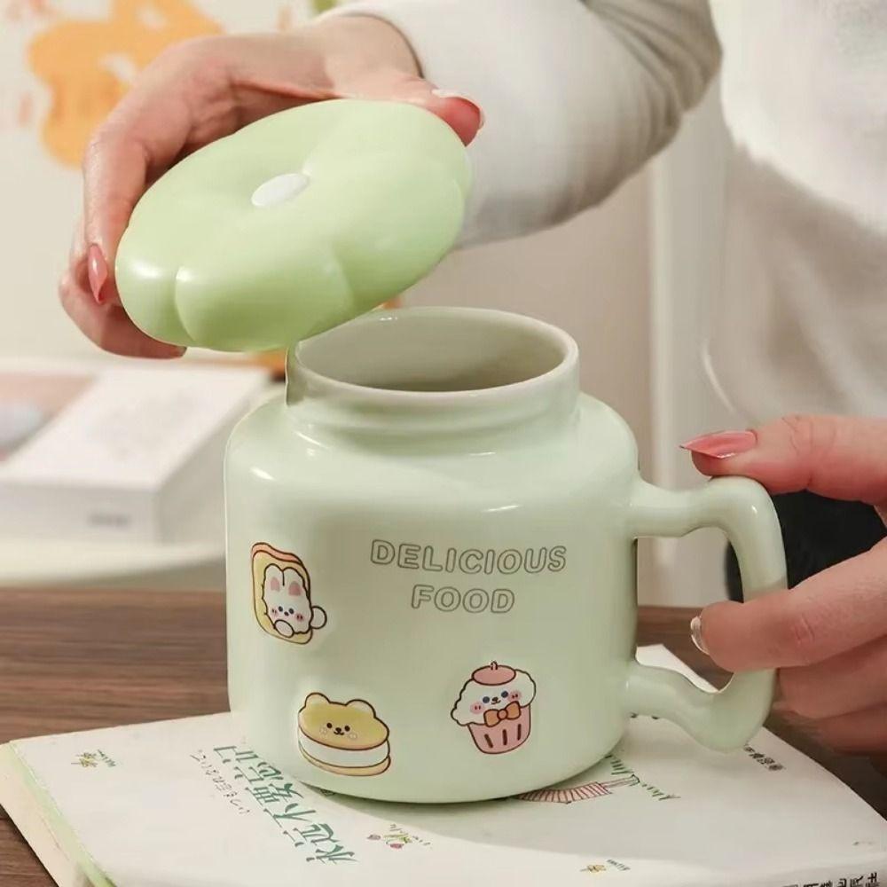 with Handle Ceramic Coffee Cup Heat-resistant Water Cup with Lid Cartoon Mirror Mug  Office