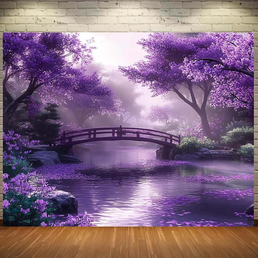 One polyester backdrop for a spring garden scene, with blooming purple flowers