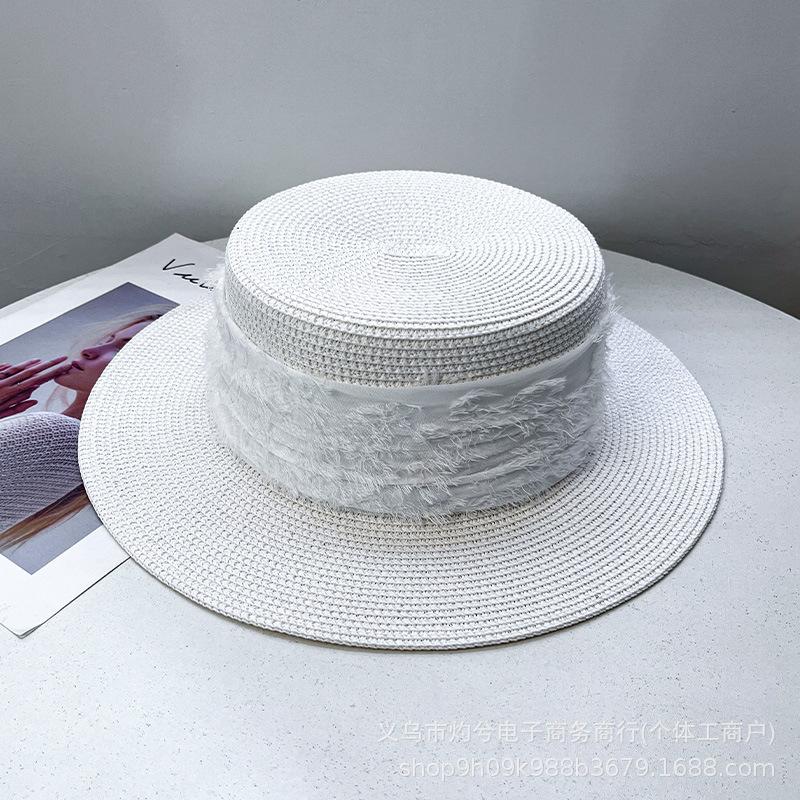 Beach hat men's and women's summer versatile British white straw hat summer seaside sunshade straw hat straw woven flat top