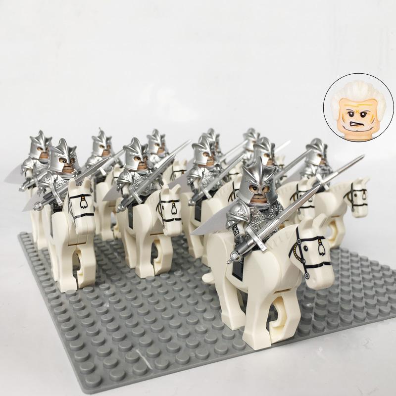 Medieval Knights Castle Cavalry Rohan Soldiers Guard Army Lotr Cavalier With Weapon Armor Helmet Shield and Horse Figure Blocks