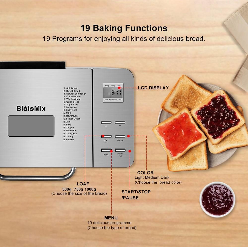 Biolomix BBM013 Stainless Steel 19 In 1 Automatic Bread Maker, 1KG Capacity, 650W Programmable Bread Machine